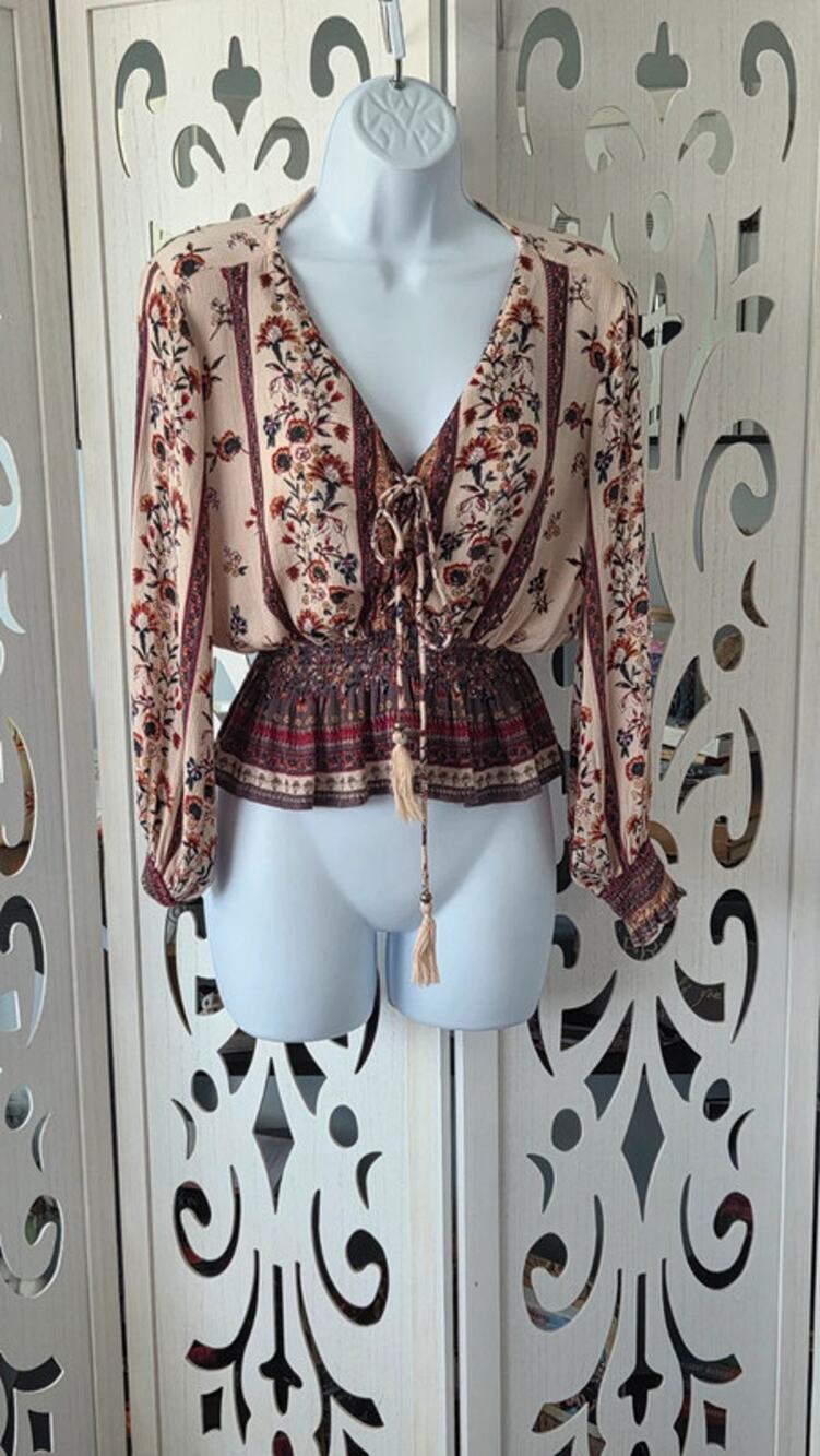 Angie Boho Floral Peplum Blouse M Smocked Tassel Tie Balloon Sleeve Cottagecore